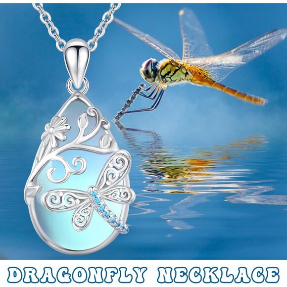 925 Silver Moonstone Dragonfly Necklace Valentine Gift for Women - Picture 3 of 7
